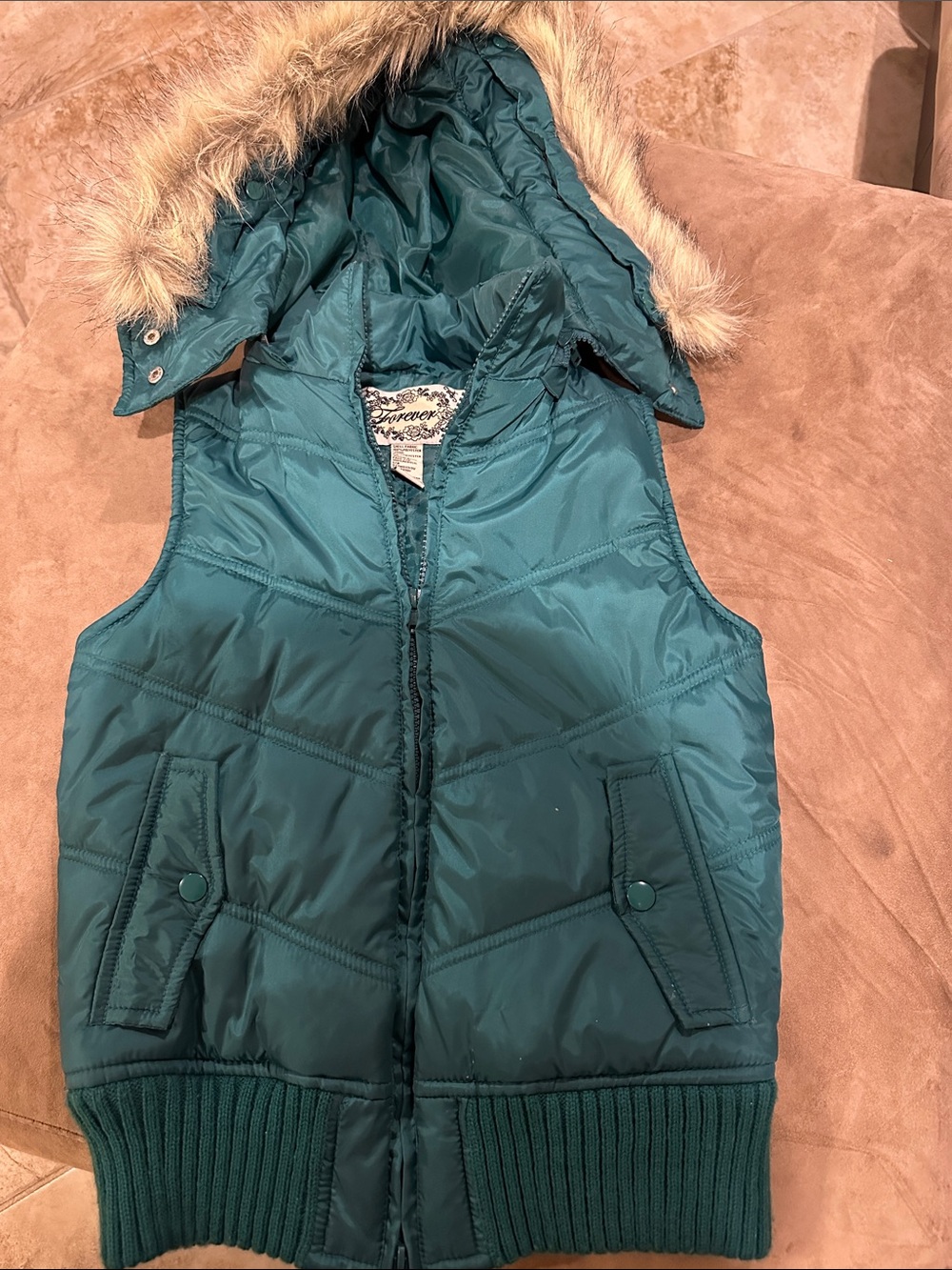 Girls Teal Puffer Vest with Faux Fur Hood - Forever 21